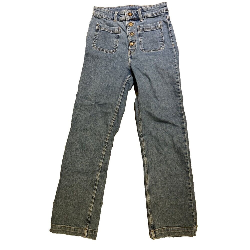 H&M Divided Women"s Sz 6 Blue High Rise Mom‎ Jeans Button Fly Denim Cropped City